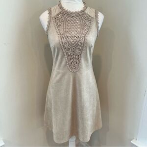 Altar'd State Beige Suede Mini‎ Dress with Embroidered style front Size Sm…